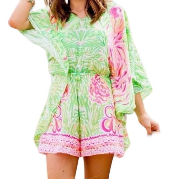 Lilly Pulitzer Mai Romper - Tiki Pink Flamingo - Size Medium - Kimono Jumpsuit - Picture 7 of 10